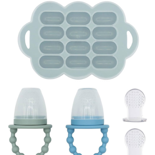WeeSprout Baby Food Feeder Set - 2 Silicone Feeders & Reusable Freezer Tray with Lid - BPA-Free Fresh Fruit & Veggie Pacifier for Babies & Toddlers - Double as Teething Toys - Dishwasher Safe