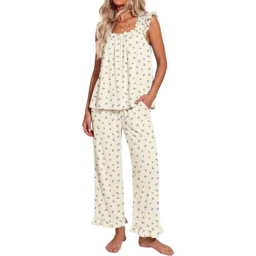 Ekouaer Pajamas for Women Set 2 Piece Ruffle Sleeveless Pj Bridal Sleepwear