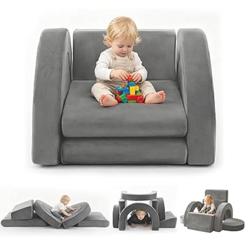 PY HOME & SPORTS Kids Modular Sofa Play Set, 7-Piece Creative Foam Couch for Children, Soft Coral Fleece, Multiple Configurations, Improves Hands-On Skills & Imagination, Compressed Packaging