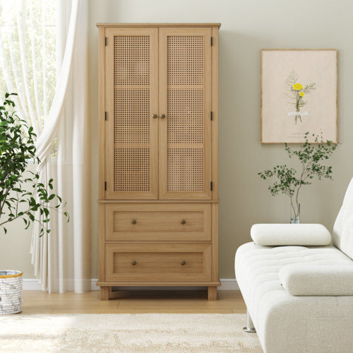 Bay Isle Home™ Wooden Accent Cabinets with Cabinet and 2 Drawers, Tall Rectangle Locker With Faux Rattan And Faux Solid Wood Surface, Mid-Century Modern White or Farmhouse & Reviews | Wayfair