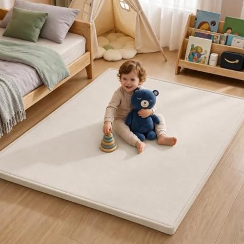 Ultra Soft Play Mat for Floor, 50"x50" Playpen Mat, 1.3" Thick Memory Foam, Non-Slip Tummy Time Mat for Infants, Toddlers, and Kids – Water-Repellent Coral Velvet, Easy Care