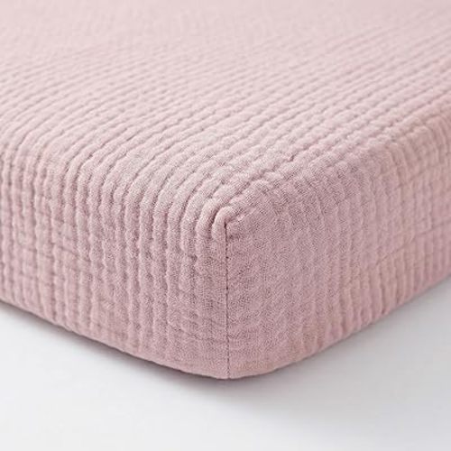 Muslin Pack and Play Sheet, 100% Cotton Playard Sheet (39"x27"), Breathable & Soft Mattress Pad Cover, Boho Pink for Girls(1 Pack)