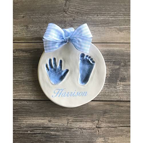 Baby boy's ceramic handprint and footprint impression keepsake at home kit