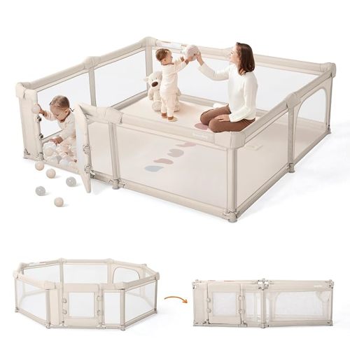 Foldable Baby Playpen, 79x71 Inch Baby Gate Playpens for Babies and Toddlers Extra Large Play Yard with Door Child Fence and Indoor Play Pen, Beige