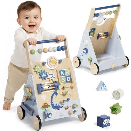 Baby Push Walker, Wooden Baby Walking Toys for 1 Year Old, Adjustable Speed Walker for Baby Boy Girls, Dinosaur Toddler Walker, Montessori Walker Toy, Sit to Stand Walker with Baby Activity Center