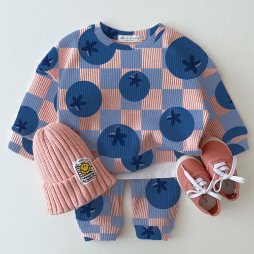 Baby Waffle Checkerboard Blueberry Sweatshirt 2-piece Set