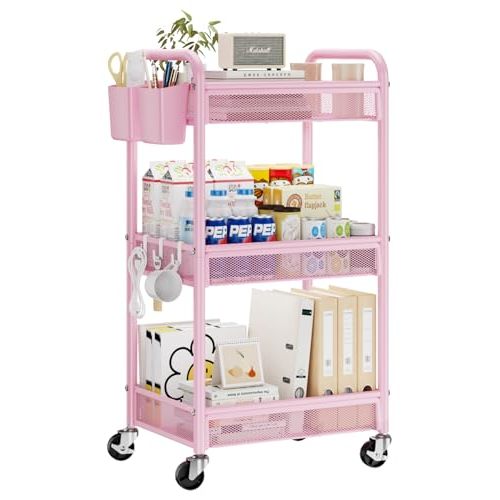 YASONIC 3 Tier Rolling Cart – Metal Utility Storage Cart with Wheels, Craft Cart Organizer with Hanging Cups, Hooks, Mesh Basket for Bedside Kitchen Office Art, Pink