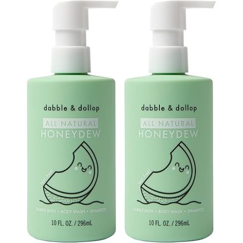 Dabble & Dollop Honeydew Melon Kids 3-in-1 Body Wash, Shampoo & Bubble Bath – Tear-Free, Gentle, Natural-Origin, Hypoallergenic and Safe for Sensitive Skin (10 fl oz, Pack of 2)