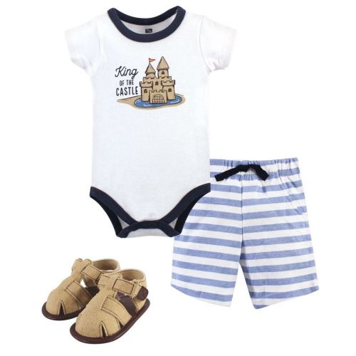 Hudson Baby Infant Boy Cotton Bodysuit, Shorts and Shoe 3pc Set, Sandcastle, 0-3 Months