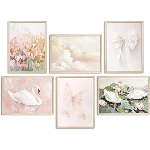 Coquette Pink Wall Art Decor Aesthetic Swan Posters Bow Flower Canvas Wall Art Preppy Cute Pictures Trendy Butterfly Posters Coquette Aesthetic Prints for Girl Dorm Bedroom 8x10x6 Inch Wood Framed