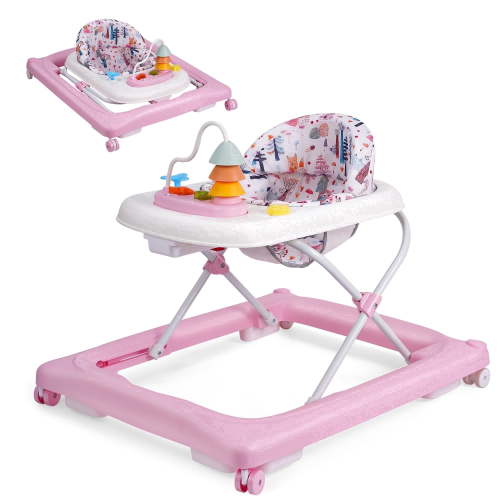 Babyeap Baby Walker,Foldable Baby Activity Walker with Wheels,Toddler Activity Centers,Removable Toys,Ages 6-15 Months,Pink