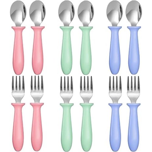 12 Pieces Toddler Utensils, Toddler Forks and Spoons, Kids Silverware Set with Plastic Handle Stainless Steel Silverware, Dishwasher Safe