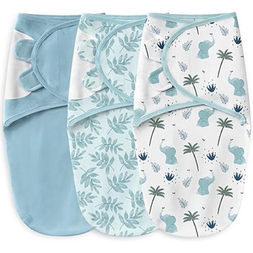 Baby Swaddles for Newborns 100% Cotton Newborn Swaddle Sack 3 Pack Baby Swaddles 0-3 Months Swaddle Sleep Sack for Newborn Baby Boy Girl Blue Leaves & Elephant