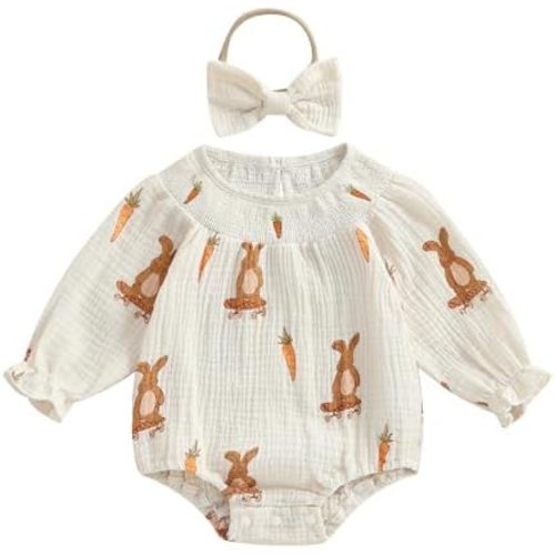 Rtnnsbbfcm Newborn Baby Girl Easter Romper Flare Long Sleeve Bunny Print Smocked Bubble Romper With Headband