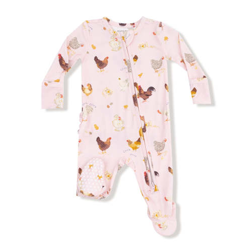 2-Way Zip Ruffle Footie, Collector Chickens Pink