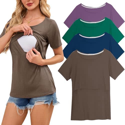 Smallshow Women's Nursing Tops Ribbed Short Sleeve Breastfeeding Shirts 4 Pack
