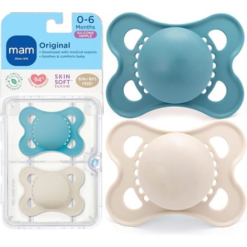 MAM Original Matte Baby Pacifiers 0-6 Months, Binky for Newborn Babies, BPA-Free Skin Soft Silicone Nipple, Easy to Clean, Developed With Medical Experts, 2 Pack, With Sterilizer Case, Made In Europe