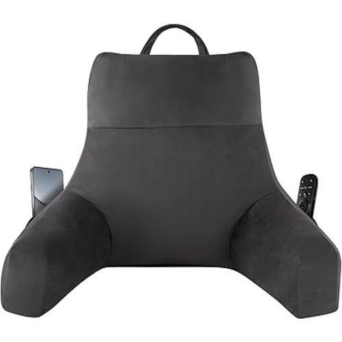 Reading Pillow with Arms for Adults, Back Pillow for Bed Sitting Up, Shredded Memory Foam Backrest Pillow with Pockets & Removable Washable Cover, Lounging, Watching TV, Reading(20inch Grey)