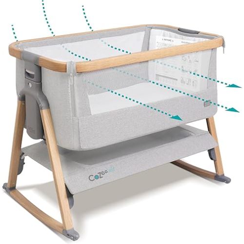 Tutti Bambini CoZee® Air Baby Bassinet & Bedside Sleeper - Rocking Bassinet for Baby, Fast-Folding with Travel Bag, Deluxe Airflow Mattress & 6 Mattress Heights, 0-6 Months (Silver & Oak)