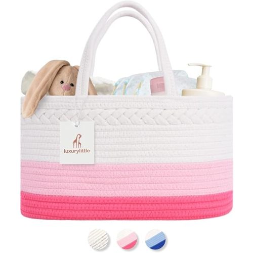 luxury little Diaper Caddy Organizer, Large Cotton Rope Nursery Basket, Changing Table Organizer for Baby Diaper Storage, Portable Car Organizer with Removable Divider, Baby Shower Gifts - Pink