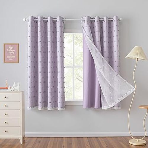 MYSKY HOME Lilac Curtains for Girls Bedroom Pom Pom Sheer Curtain 63 Inches Length Thermal Insulated Nursery Blackout Curtains Room Darkening Short Kitchen Drapes Grommet, 52 x 63 in, 2 Panels