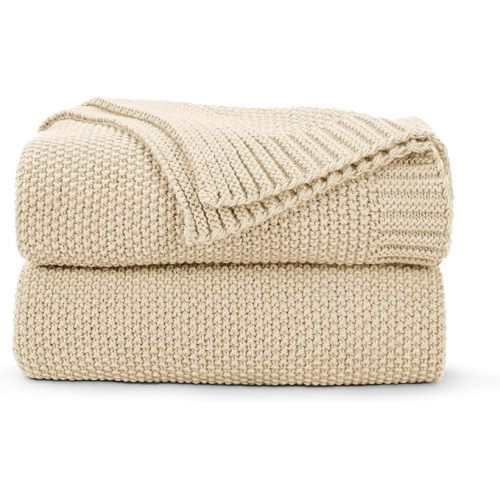 CozeCube Beige Throw Blanket for Couch, Soft Cozy Cable Knit Throw for Bed Sofa Living Room, Lightweight Warm Decorative Farmhouse Christmas Blanket, 50"x60", Light Beige