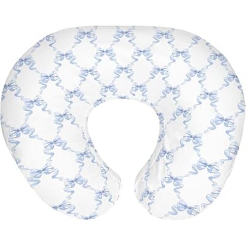 Blue Bows Ribbon Baby Nursing Pillow Covers for Boy Girl Pastel Blue Ribbons Nursing Pillow Slipcovers for Breastfeeding Pillows Watercolor Bows Soft Stretchy Removable Covers for Newborn Infant
