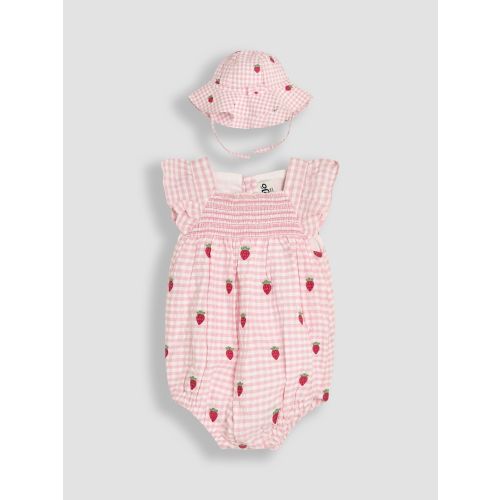 Pink Gingham 2-Piece Strawberry Embroidered Smocked Romper & Hat
