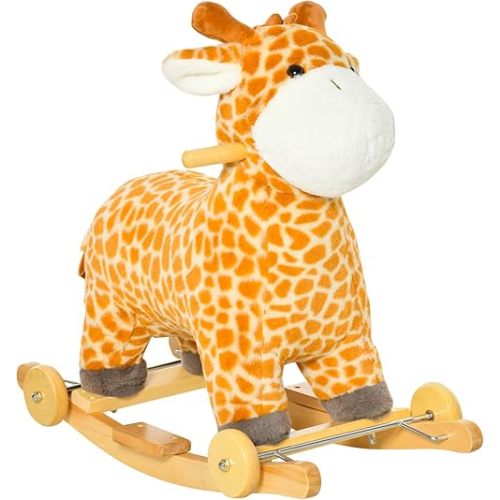 Qaba Rocking Horse, 2 in 1 Kids Ride on Horse, Rolling Giraffe Animal Rocker with Sound, Wooden Base, Pedal, Grip Handle, Plush Riding Pony for 3-6 Years Old, Yellow