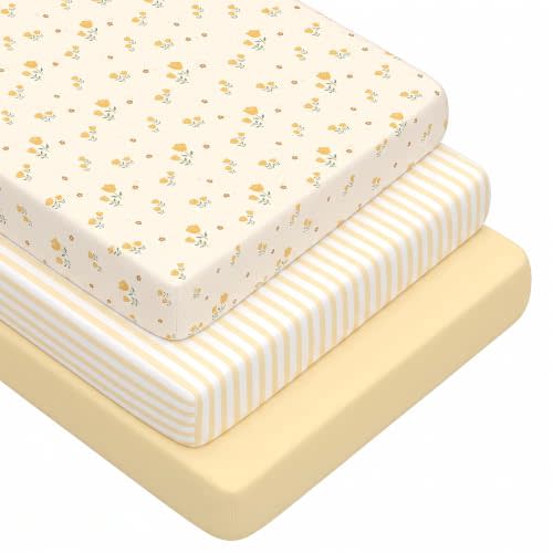 3 Pack Crib Sheets for Girls – Fitted Crib Sheets for Standard Crib Mattress and Toddler Mattress, Ultra Soft Breathable Washable Polyester, 28x52inch, Yellow & Flower