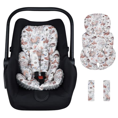 CARUILI Infant Car Seat Insert Cushion, Super Soft Baby Car Seat Head Support & 2 Straps Pads, Reversible Preemie Newborn Carseat Insert, Fit Car Seat, Stroller, Infant Bouncer, Gray Animals