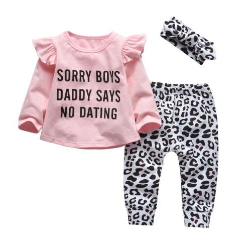 Infant Baby Girls Clothes Long Sleeve Letter Tops Leopard Print Pants and Headband Outfit Set（12-18 Months,Pink)