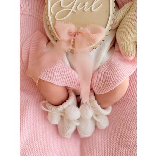 White soft knit pompom baby booties – Penny and Co Collections