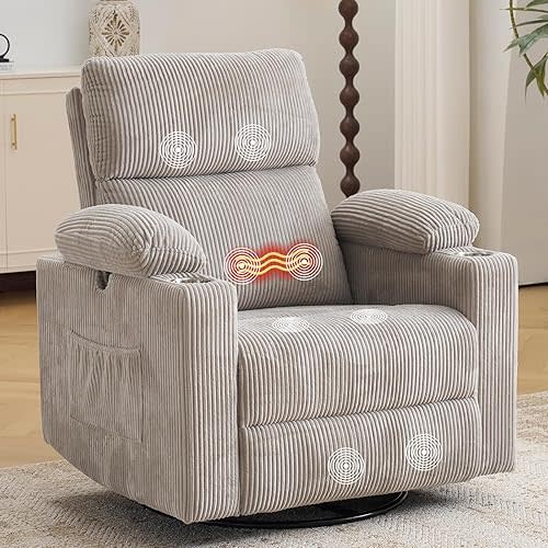 Rocking Chair Nursery with Adjustable Armrests, Electric Glider Recliner Nursing Chair for Breastfeeding, Power Swivel Recliner Chairs with Massage and Heat, Adjustable Headrest, Corduroy Grey