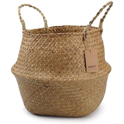 XXXL Seagrass Plant Basket with Handles, Wicker Woven Storage Basket (14.1“ Diameter x 13.8" Height), Natural)