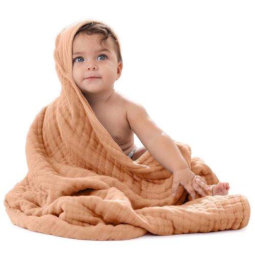 Comfy Cubs Baby Hooded 9 Layer Muslin Cotton Towel for Kids, Large 32” x 32”, Ultra Soft, Warm, and Absorbent. Baby Essentials Bath Towels, Cute Unisex Cover for Girls and Boys (Pack of 1, Caramel)