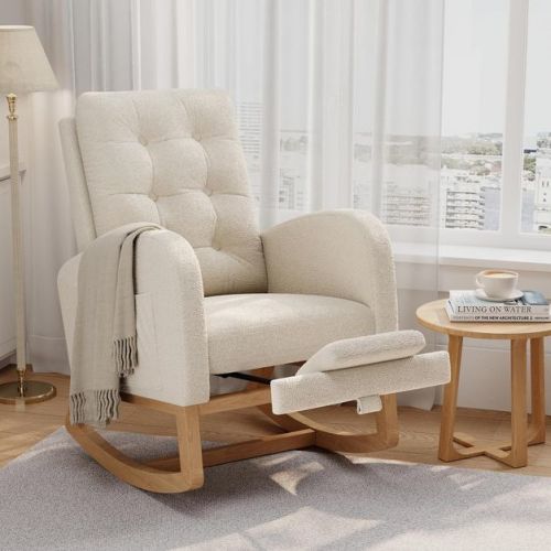 Cozy High-Back Nursery Rocking Chair, Upholstered Glider Armchair for Living Room in Teddy - White with Footrest