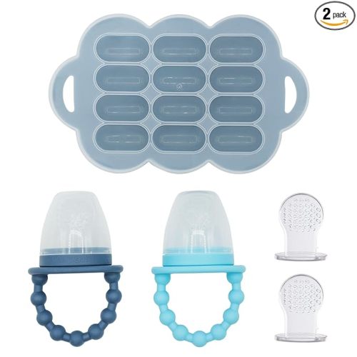 WeeSprout Baby Food Feeder Set - 2 Silicone Feeders & Reusable Freezer Tray with Lid - BPA-Free Fresh Fruit & Veggie Pacifier for Babies & Toddlers - Double as Teething Toys - Dishwasher Safe