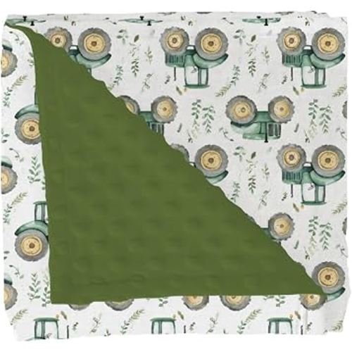 Watercolor Green Tractors Baby Blankets for Girl Boy Farm Tractors Boho Leaves Soft Mink Dotted Backing Double Layer Swaddle Receiving Blanket Farm Life Bed Throws for Newborn Toddler Crib 30x40