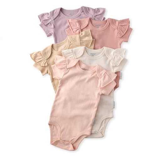 Butterblu Rory 5-Pack Short Sleeve Ruffle Shoulder Bodysuits 100% Organic Cotton for Baby Girls, Sorbet, 0-3 Months