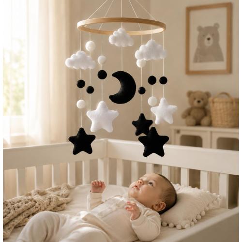 Black and White Baby Mobile, Nursery Crib Mobile, Moon and Stars Mobile, Cloud Baby Mobile, Montessori Nursery Decor, Baby Shower Gift