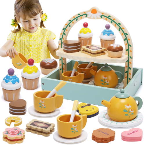 JoyStone Wooden Tea Party Set for Toddlers, 19PCS Pretend Play Tea Cup Toys with Dessert Stand, Education Gifts for Kids