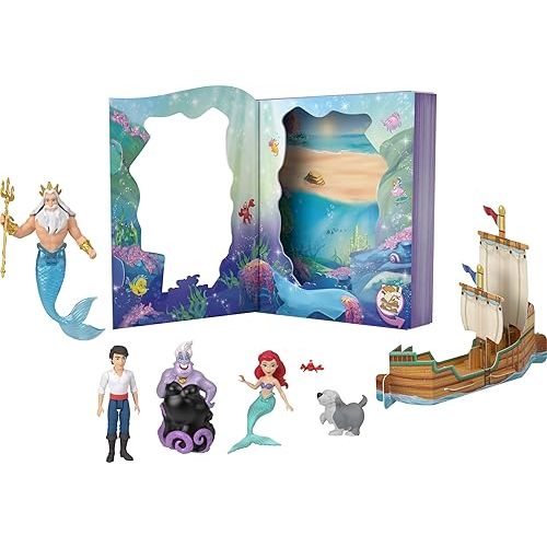 Mattel Disney Princess Toys, Ariel Mermaid Doll Story Set with 4 Small Dolls, 2 Animal Figures & 1 Accessory, Inspired by Disney The Little Mermaid