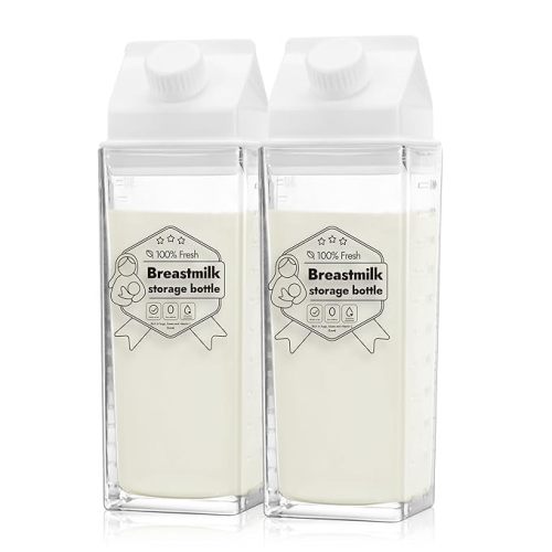 Papablic Glass Breastmilk Pitcher (2 Pack), 17 oz Breastmilk Storage Container for Breastfeeding, Reusable Milk Box Shaped Glass Pitcher for Fridge