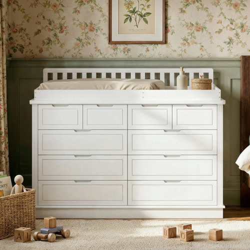 One Allium Way® 55'' W 100% Solid Wood 10-Drawer Changing Table Dresser In White | Wayfair