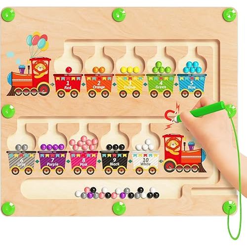 Magnetic Color and Number Maze, Montessori Toys for 2 3 4 Year Old, Wooden Color Matching Puzzle Board, Preschool Learning Activities Travel Toys for Ages 2-4 for Girls Boys Birthday Gifts - Train