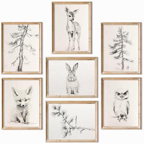 Vintage Nursery Wall Art Woodland Animal Canvas Decor Baby Room Wall Art Forest Animal Pictures Kids Tree Prints Posters Nature Deer Fox Painting Nursery Artwork for Bedroom 8x10x7 Inch Unframed