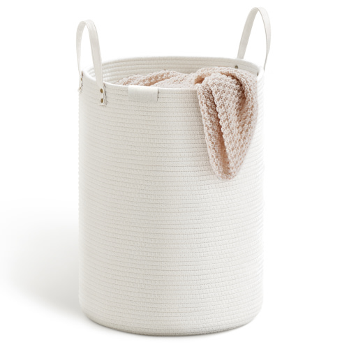 SOJERKI Cotton Woven Rope Laundry Hamper，72L Storage Decorative Laundry Basket for Blankets,Dirty Clothes,Toys,Plant Pot-White PU