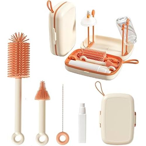 7 in 1 Baby Bottle Brush Set with Silicone Brush, Nipple Brush, Straw Brush, Soap Dispenser, Bottle Drying Rack, Storage Box - Baby Essentials for Home and Travel, Idea Gifts
