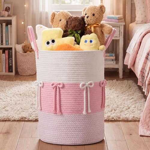 Coquette Pink Bow Laundry Basket 17.7 x 15 Inches Coquette Storage Basket for Girls Nursery Hamper Foldable Cotton Rope Storage Bin with Handle for Home Nursery Laundry